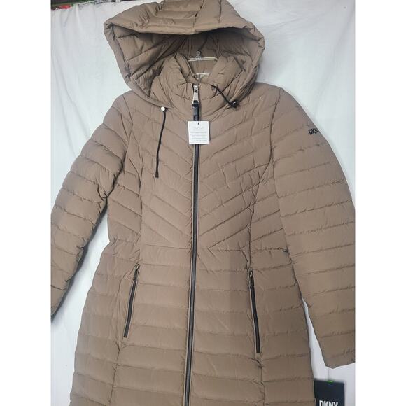 DKNY Jacket Womens Small Taupe Tan Full Zip Hooded Puffer Trench Coat NWT - Picture 3 of 13